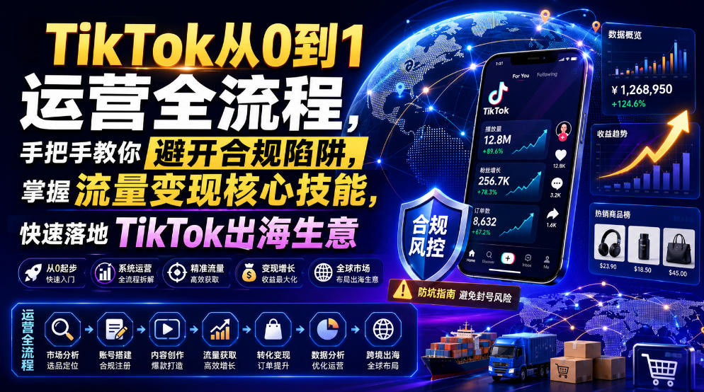 TikTok从0到1运营全流程,手把手教你避开合规陷阱,掌握流量变现核心技能,快速落地TikTok出海生意(更新8月)-墨痕微课