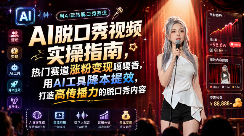 AI脱口秀视频实操指南，热门赛道涨粉变现嘎嘎香，用AI工具降本提效，打造高传播力的脱口秀内容-墨痕微课