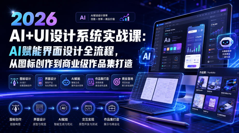 2026 AI+UI设计系统实战课：AI赋能界面设计全流程，从图标创作到商业级作品集打造-墨痕微课