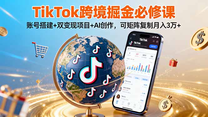 TikTo跨境掘金必修课，账号搭建+双变现项目+AI创作，可矩阵复制月入3万+-墨痕微课