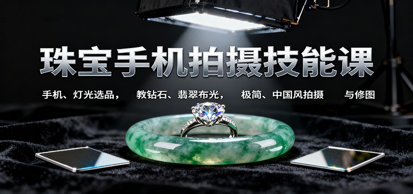 珠宝手机拍摄技能课:手机、 灯光选品,教钻石、翡翠布光,极简、中国风拍摄与修图-墨痕微课