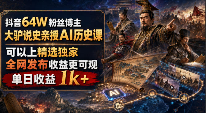 抖音64W粉丝博主大驴说史亲授AI历史课,可以上精选独家,全网发布收益更可观,单日收益1k+-墨痕微课
