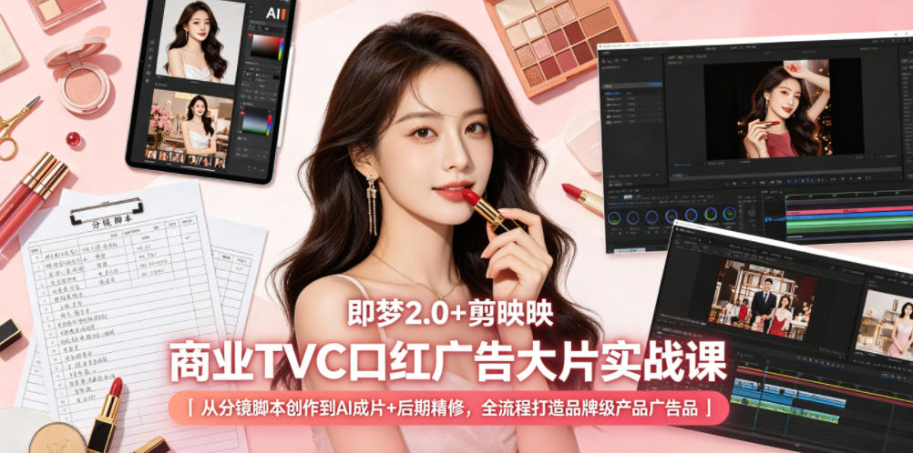 即梦2.0+剪映商业TVC口红广告大片实战课｜从分镜脚本创作到AI成片+后期精修，全流程打造品牌级产品广告-墨痕微课