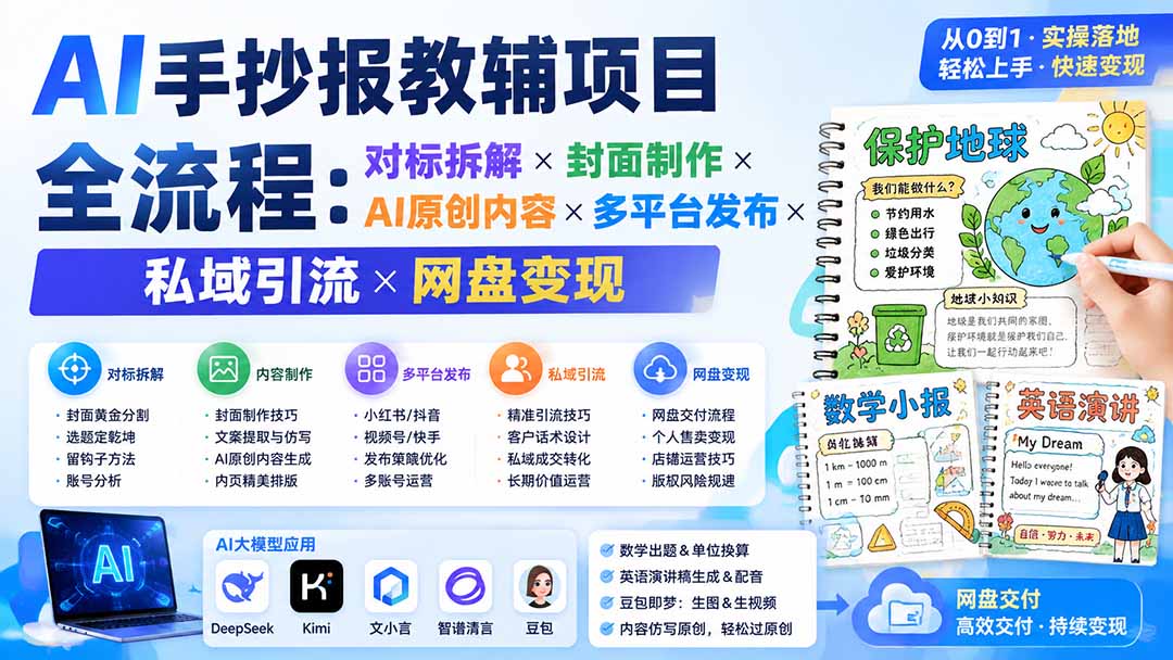 AI手抄报教辅项目全流程：对标拆解×封面制作×AI原创内容×多平台发布×私域引流×网盘变现-墨痕微课