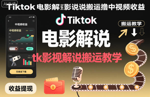 Tiktok电影解说搬运撸中视频收益，tk影视解说搬运教学-墨痕微课