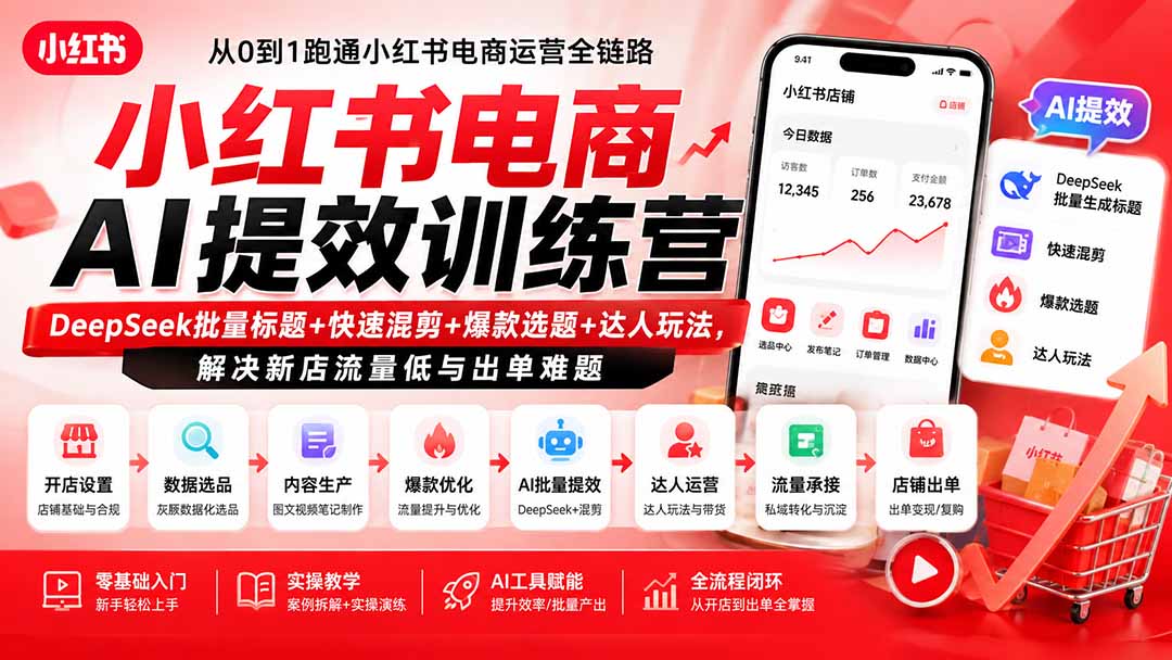 小红书电商AI提效训练营—DeepSeek批量标题+快速混剪+爆款选题+达人玩法,解决新店流量低与出单难题-墨痕微课