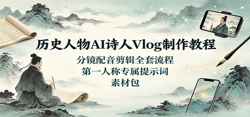 历史人物AI诗人Vlog制作教程：分镜配音剪辑全套流程，第一人称专属提示词素材包-墨痕微课