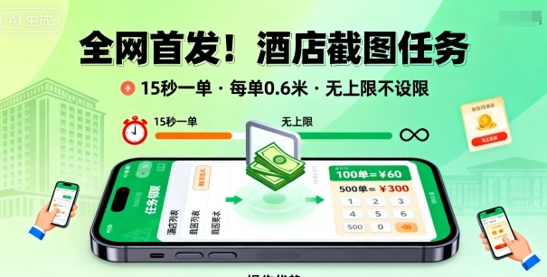 全网首发!酒店截图任务,15秒一单,每单0.6米,任务无上限不设限,矩阵操作单日3张到手【揭秘】-墨痕微课