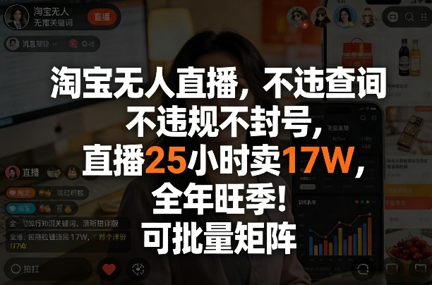 淘宝无人直播，不违规不封号，直播25小时卖17W，全年旺季！可批量矩阵【揭秘】-墨痕微课