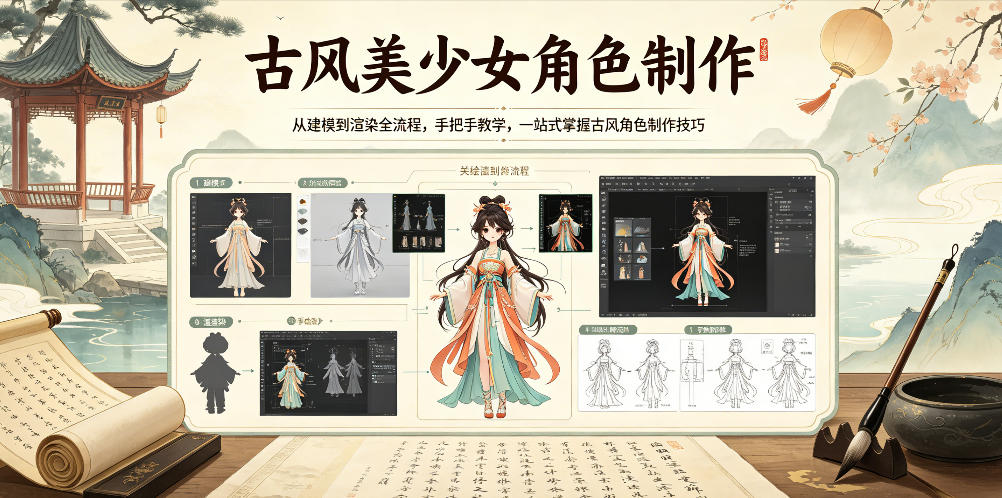 古风美少女角色制作,从建模到渲染全流程,手把手教学,一站式掌握古风角色制作技巧-墨痕微课