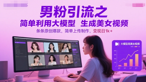 男粉引流之简单利用大模型生成美女视频，条条原创爆款，简单上传制作，变现日1k+-墨痕微课