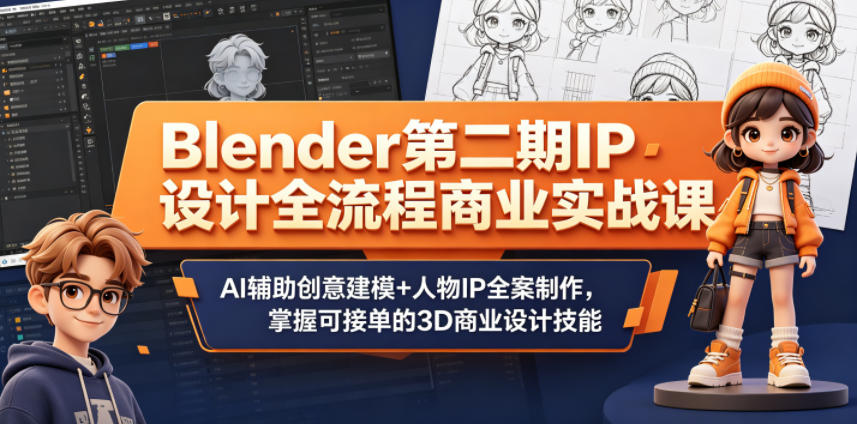Blender第二期IP设计全流程商业实战课,AI辅助创意建模+人物IP全案制作,掌握可接单的3D商业设计技能-墨痕微课