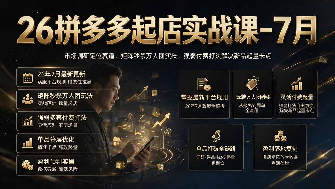 26拼多多起店实战课-7月|市场调研定位赛道,矩阵秒杀万人团实操,强弱付费打法解决新品起量卡点-墨痕微课