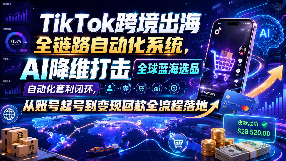 TikTok跨境出海全链路自动化系统，AI降维打击全球蓝海选品自动化套利闭环，从账号起号到变现回款全流程落地(2026年7月)-墨痕微课