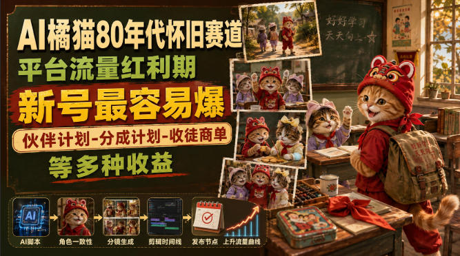 AI橘猫80年代怀旧赛道,平台流量红利期,新号最容易爆,伙伴计划-分成计划-收徒商单等多种收益-墨痕微课