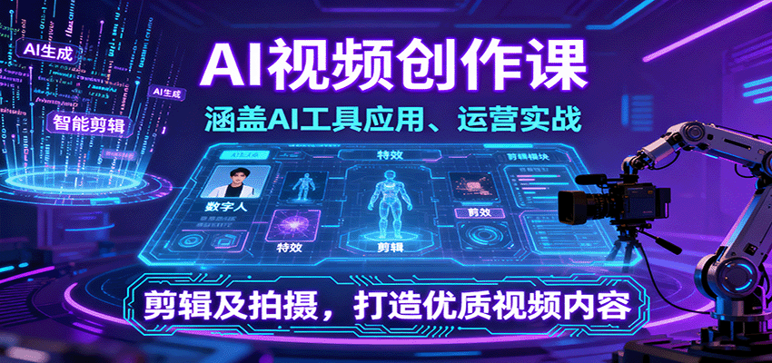 AI视频创作课,涵盖AI工具应用、运营实战、剪辑及拍摄,打造优质视频内容-墨痕微课