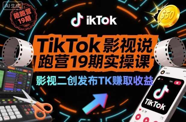 TikTok影视解说陪跑营19期实操课，影视二创发布TK賺取收益，万播收益50美金-墨痕微课