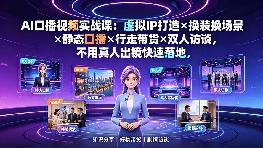AI口播视频实战课：虚拟IP打造×换装换场景×静态口播×行走带货×双人访谈，不用真人出镜快速落地-墨痕微课