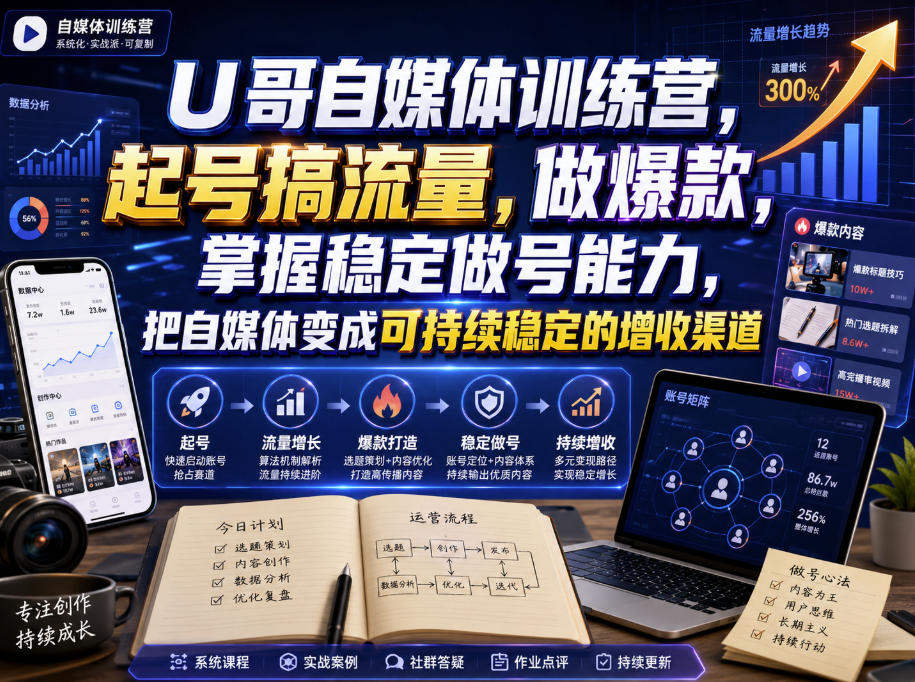 U哥自媒体训练营,起号搞流量,做爆款,掌握稳定做号能力,把自媒体变成可持续稳定的增收渠道-墨痕微课