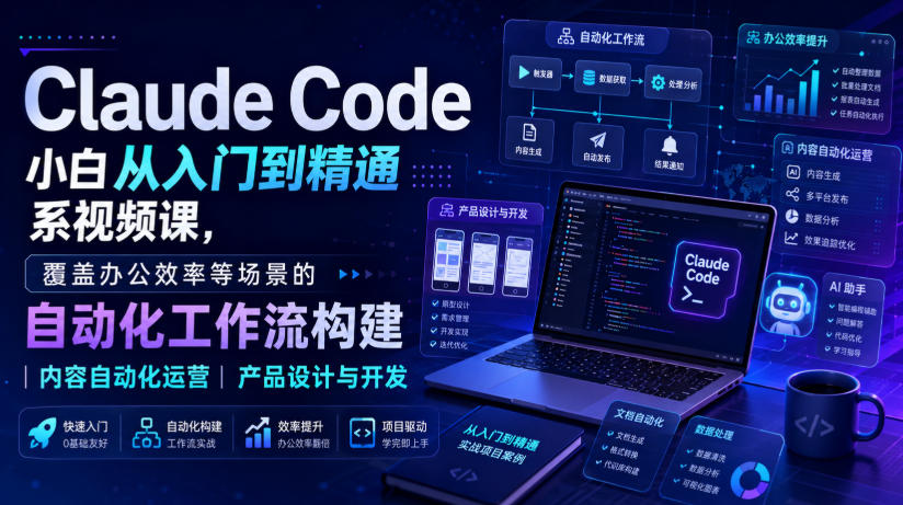 Claude Code小白从入门到精通系视频课,覆盖办公效率等场景的自动化工作流构建|内容自动化运营|产品设计与开发-墨痕微课