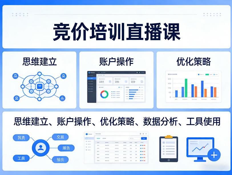 竞价培训直播课，覆盖思维建立、账户操作、优化策略、数据分析、工具使用等，全方位提升效果-墨痕微课