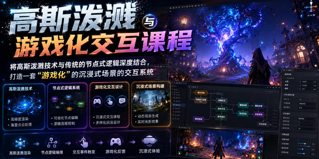 高斯泼溅与游戏化交互课程,将高斯泼溅技术与传统的节点式逻辑深度结合,打造一套“游戏化”的沉浸式场景的交互系统-墨痕微课