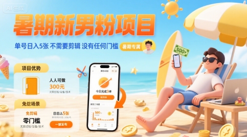 暑期新男粉项目 单号日入5张 不需要剪辑  没有任何门槛-墨痕微课