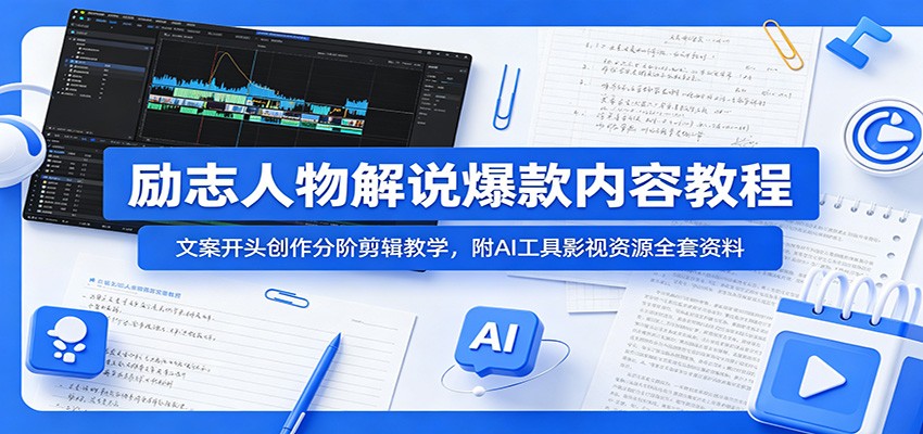 励志人物解说爆款内容教程：文案开头创作分阶剪辑教学，附AI 工具影视资源全套资料-墨痕微课