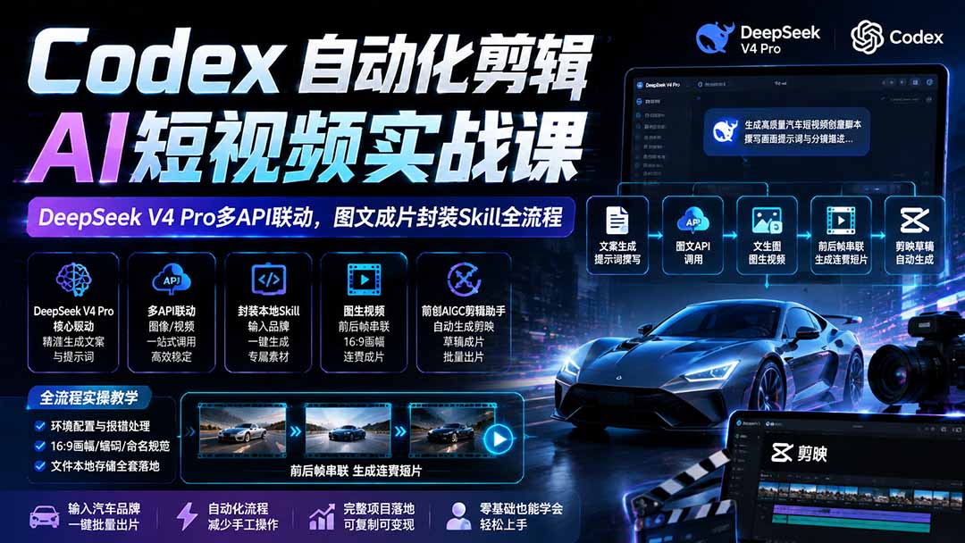 Codex自动化剪辑AI短视频实战课｜DeepSeek V4 Pro多API联动，图文成片封装Skill全流程-墨痕微课
