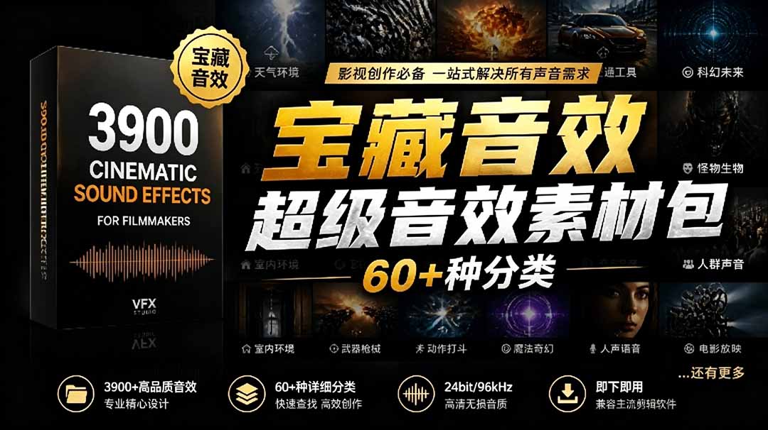宝藏音效合集包!60+多种音效分类,共计3900个,分类清晰,全中文分类,高品质剪辑音效素材包-墨痕微课