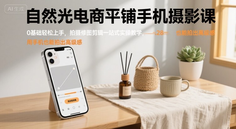 自然光电商平铺手机摄影课，0基础轻松上手，拍摄修图剪辑一站式实操教学，用手机也能拍出高级感-墨痕微课