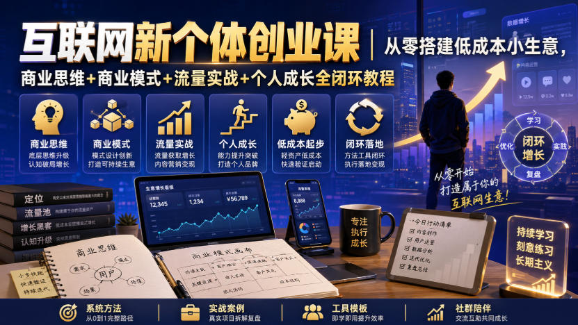 互联网新个体创业课|从零搭建低成本小生意,商业思维+商业模式+流量实战+个人成长全闭环教程-墨痕微课