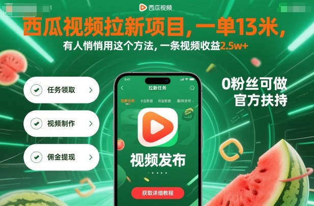 西瓜视频拉新项目,一单13米,有人悄悄用这个方法,一条视频收益2.5w+(附详细教程)-墨痕微课