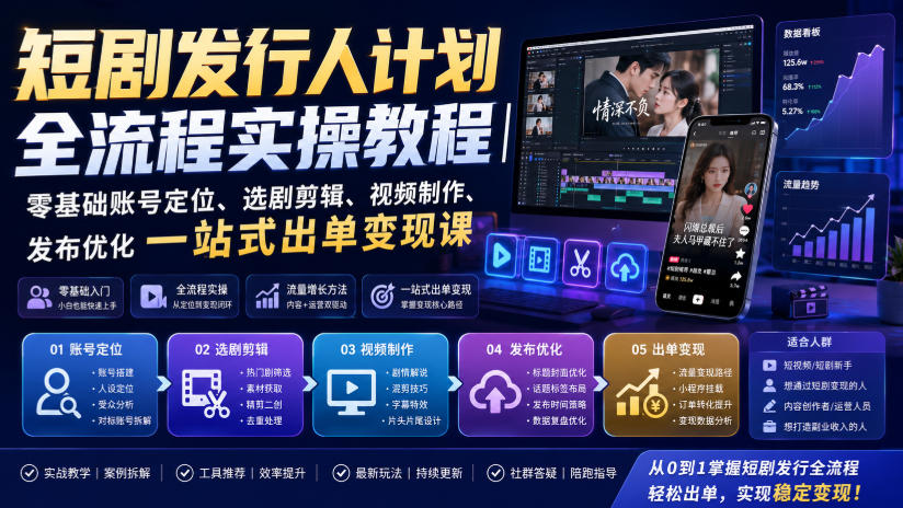 短剧发行人计划全流程实操教程|零基础账号定位、选剧剪辑、视频制作、发布优化一站式出单变现课-墨痕微课