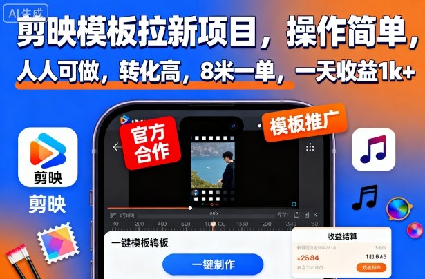 剪映模板拉新项目,操作简单,人人可做,转化高,8米一单,一天收益1k+-墨痕微课