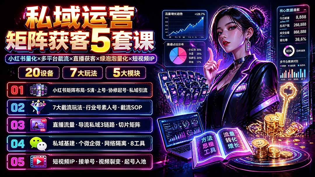 私域运营矩阵获客5套课:小红书量化×多平台截流×直播获客×绿泡泡量化×短视频IP×20设备×7大玩法-墨痕微课
