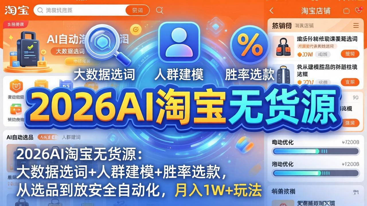 2026AI淘宝无货源：大数据选词+人群建模+胜率选款，从选品到放大全自动化，月入1W+玩法-墨痕微课