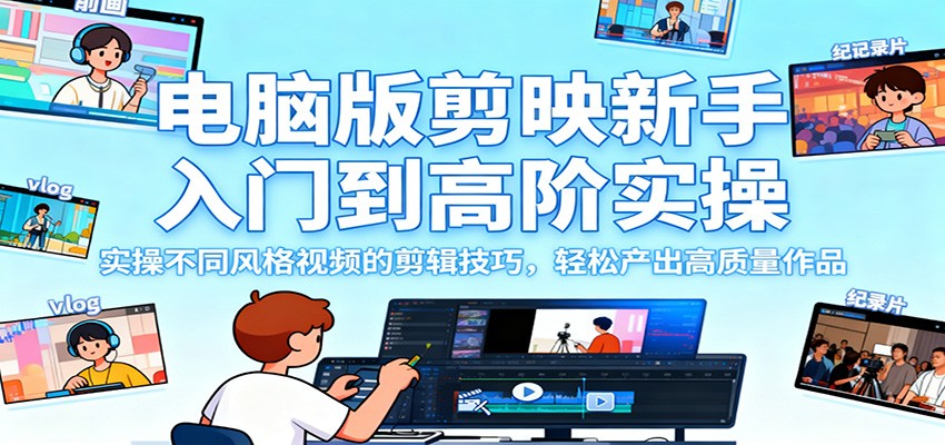 电脑版剪映新手入门到高阶实操，实操不同风格视频的剪辑技巧，轻松产出高质量作品-墨痕微课