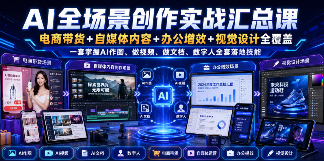AI全场景创作实战汇总课｜电商带货+自媒体内容+办公增效+视觉设计全覆盖，一套掌握AI作图、做视频、做文档、数字人全套落地技能-墨痕微课