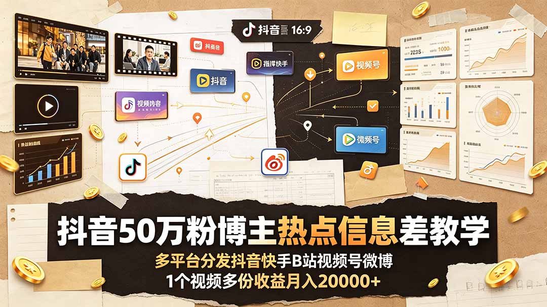 抖音50万粉博主热点信息差教学:多平台分发抖音快手B站视频号微博,1个视频多份收益月入20000+-墨痕微课