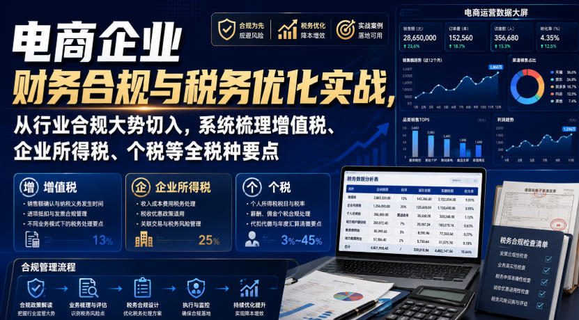 电商企业财务合规与税务优化实战,从行业合规大势切入,系统梳理增值税、企业所得税、个税等全税种要点-墨痕微课