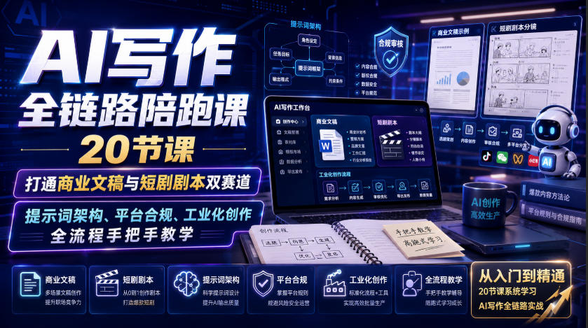 AI写作全链路陪跑课｜20节课打通商业文稿与短剧剧本双赛道，提示词架构、平台合规、工业化创作全流程手把手教学-墨痕微课