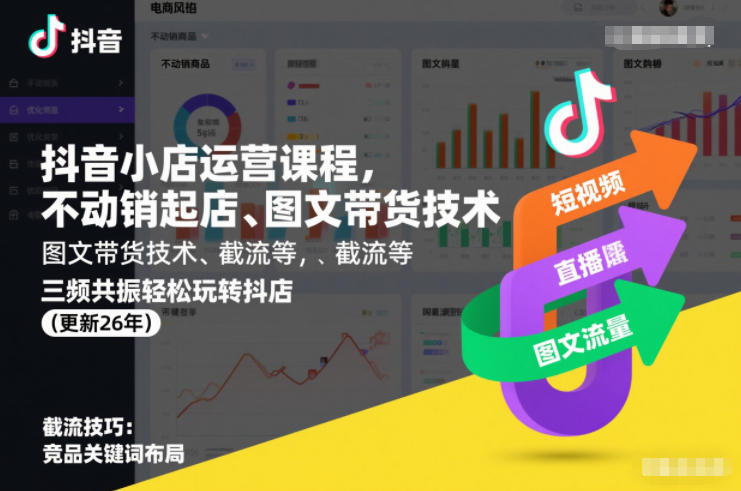 抖音小店运营课程,不动销起店、图文带货技术、截流等,三频共振轻松玩转抖店(更新26年)-墨痕微课
