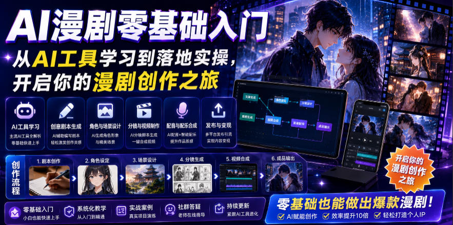 AI漫剧零基础入门，从AI工具学习到落地实操，开启你的漫剧创作之旅-墨痕微课