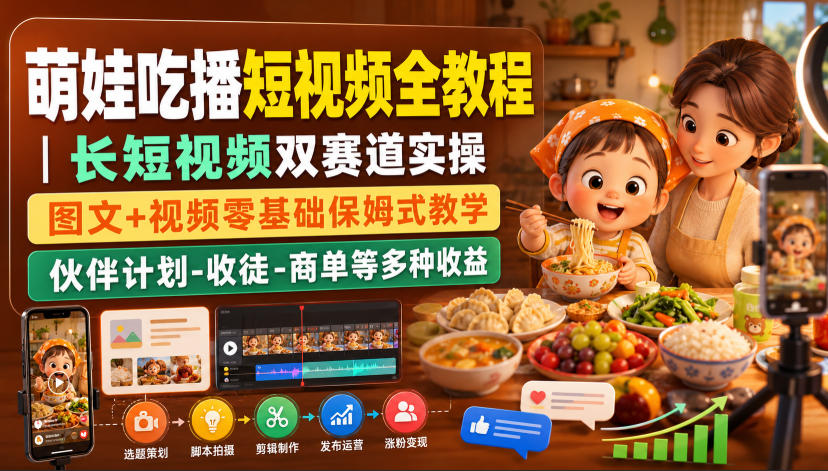 萌娃吃播短视频全教程|长短视频双赛道实操,图文+视频零基础保姆式教学,伙伴计划-收徒-商单等多种变现方式-墨痕微课
