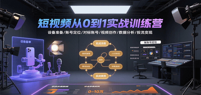 短视频从0到1实战训练营:设备准备/账号定位/对标账号/视频创作/数据分析/投流变现-墨痕微课