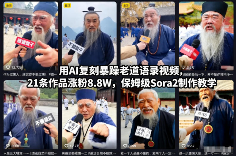 用AI复刻暴躁老道语录视频，21条作品涨粉8.8W，保姆级Sora2制作教学-墨痕微课