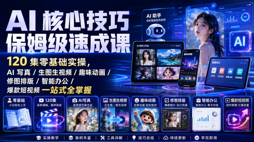 AI核心技巧保姆级速成课｜120集零基础实操，AI写真/生图生视频/趣味动画/修图排版/智能办公/爆款短视频一站式全掌握-墨痕微课