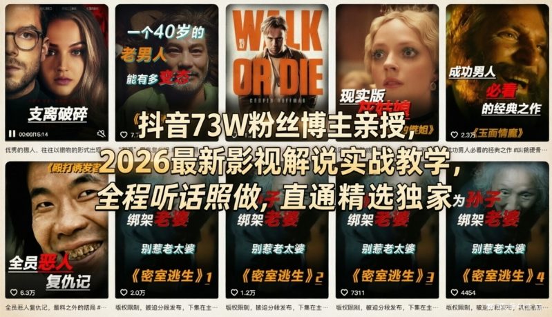 抖音73W粉丝博主亲授，2026最新影视解说实战教学，全程听话照做，直通精选独家-墨痕微课