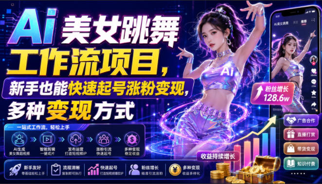Ai美女跳舞工作流项目,新手也能快速起号涨粉变现,多种变现方式